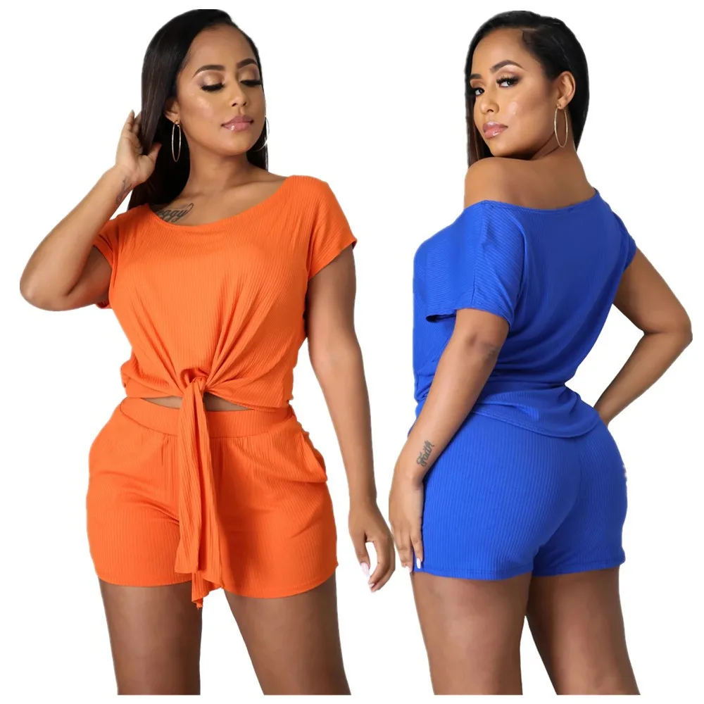 

Hot Selling Casual Solid Color Outfits Summer O neck Bandage Short Sleeve Shorts Rib Knit 2 Piece Women Short Set Clothing, As picture or customized make
