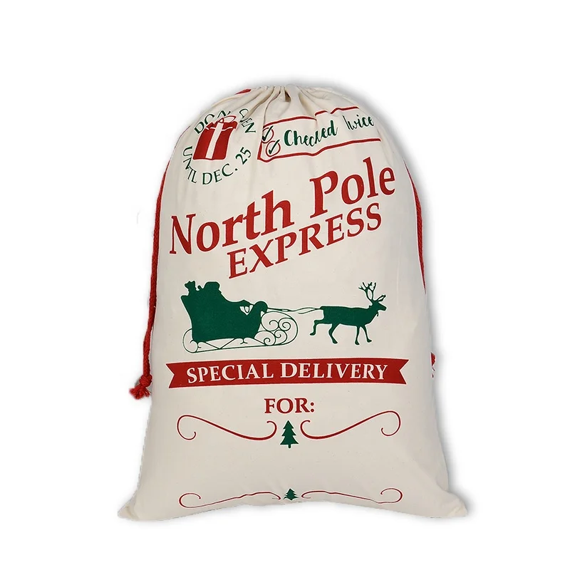 
2020 New noel Custom canvas cotton gift bag drawstring Christmas Santa sack for stocking presents 