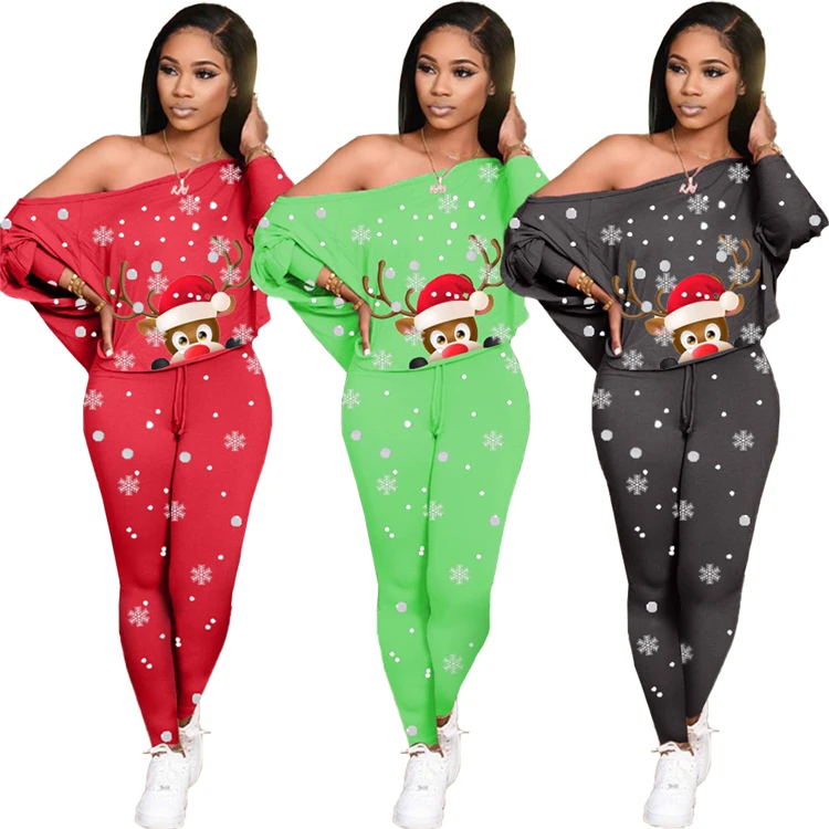

EB-20222907 2022 Ladies Christmas Outfits Long Sleeve Off Shoulder Tops Snowflake Print Winter Women Two Piece Pants Set, Picture shown