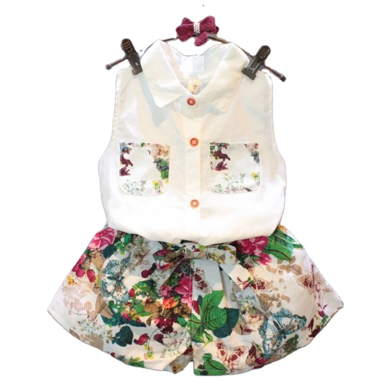 

Korean version summer new fashion sleeveless shirt plus floral shorts two-piece girl suit kids children clothing