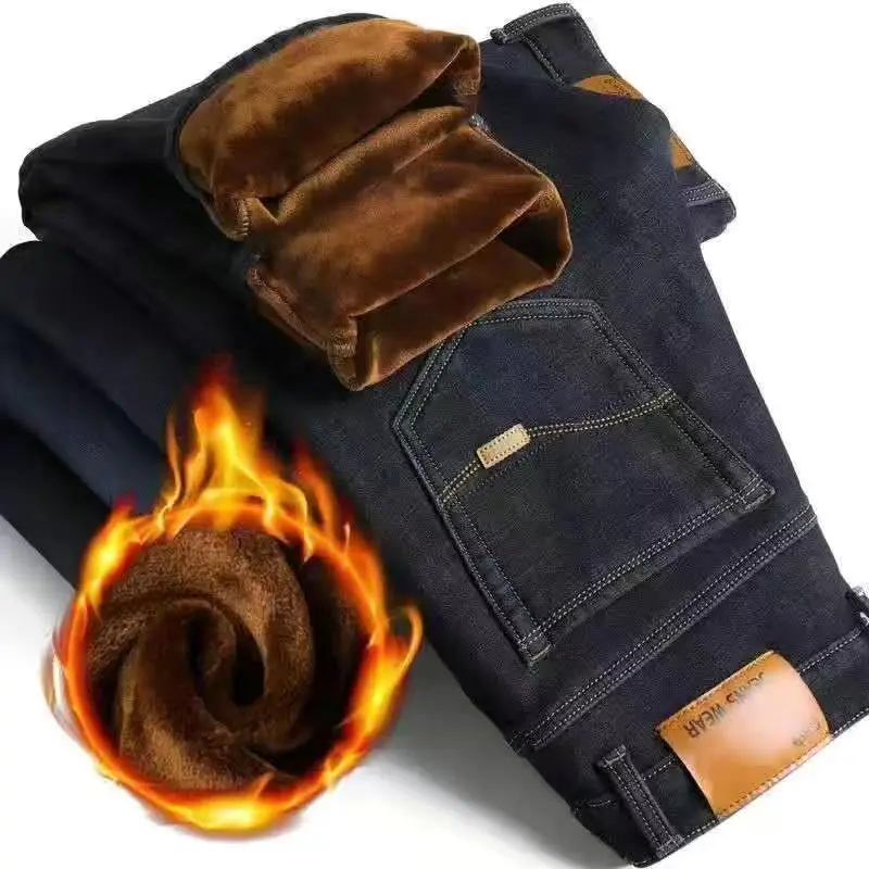 

custom 2020 fall winter men fleece thick denim pants fashion casual plus size long straight men's jeans, Picture shown