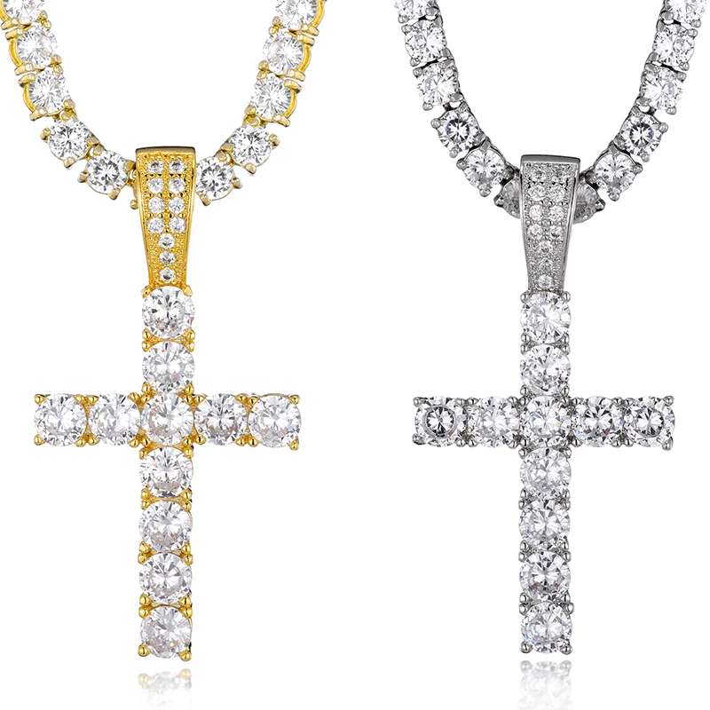 

Hip Hop Rapper Big Diamond Christian Cross Jesus Iced Out Bling Zircon Copper Pendant Chain Necklaces Unisex Men Women Jewelry