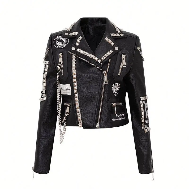 

Heavy Industry Rivet Graffiti Print Slim Short Locomotive Leather Women Jacket Rts, Customized color