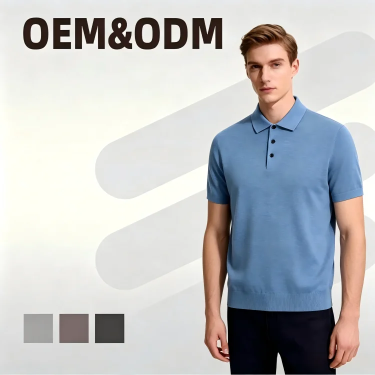 Wholesale Men's Casual Solid Pattern Kinted 53.5%Polyester 20.7%Polyamide 19.5%Acrylic 6.3%Wool Polo Shirt