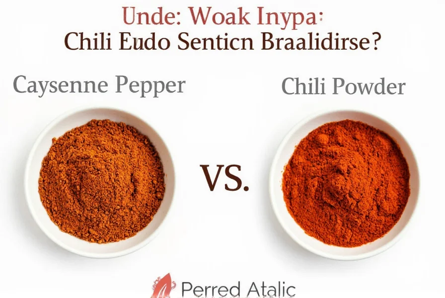 Chef's hand measuring cayenne pepper and chili powder into separate spoons for comparison