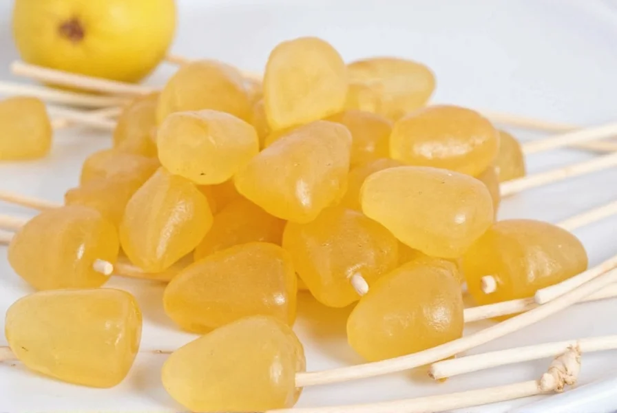 Close-up of artisanal ginger lollipops showing translucent amber color and smooth texture on wooden board