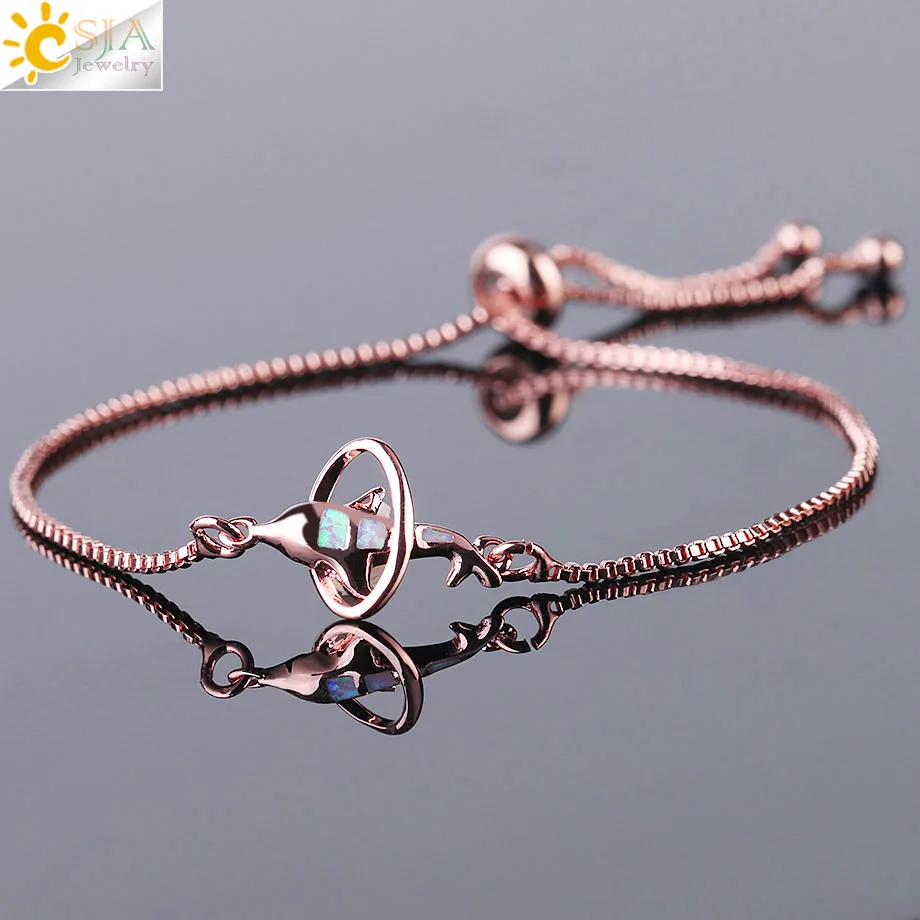 

CSJA animal dolphin bracelet women silver color oval charms bracelet rose gold chain valentine's day gift F497