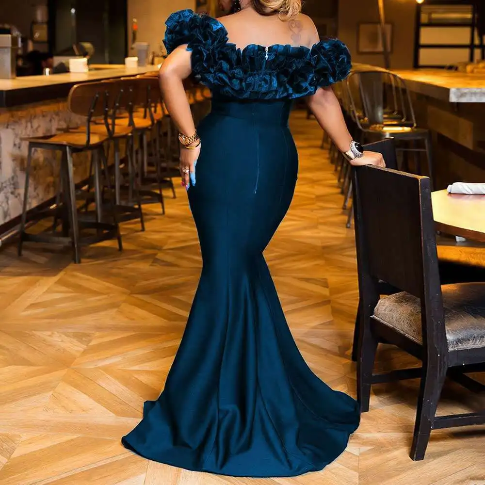 

Hot style stretch women dress trailing tail off shoulder Sexy Tight Ruffles Mermaid Black Floor-length Lady Party Evening Dress, As picture