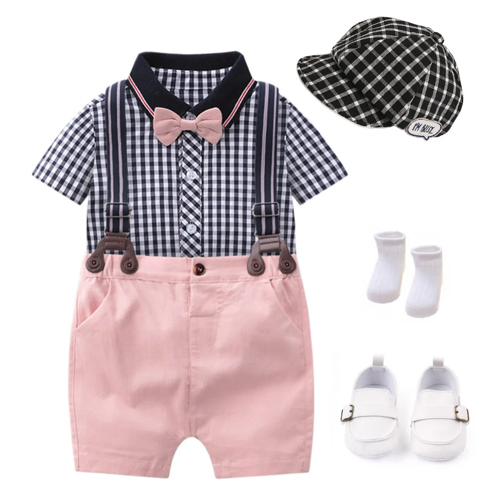 

Summer Soft Comfortable Baby Rompers 5 Pieces Set Baby Clothing Sets Plaid Shirt Pant Hat Socks Shoes, Photo showed
