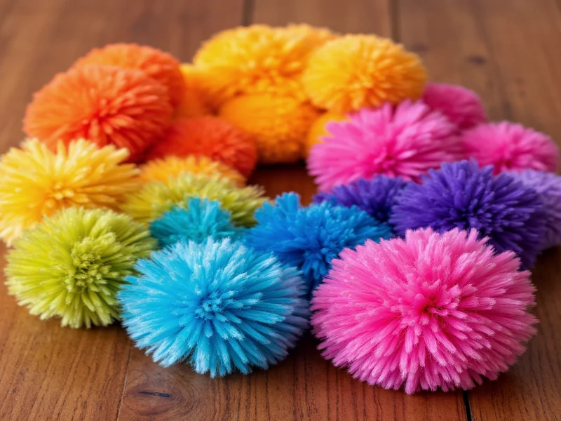 Gradient pom poms in sunset colors on wooden surface