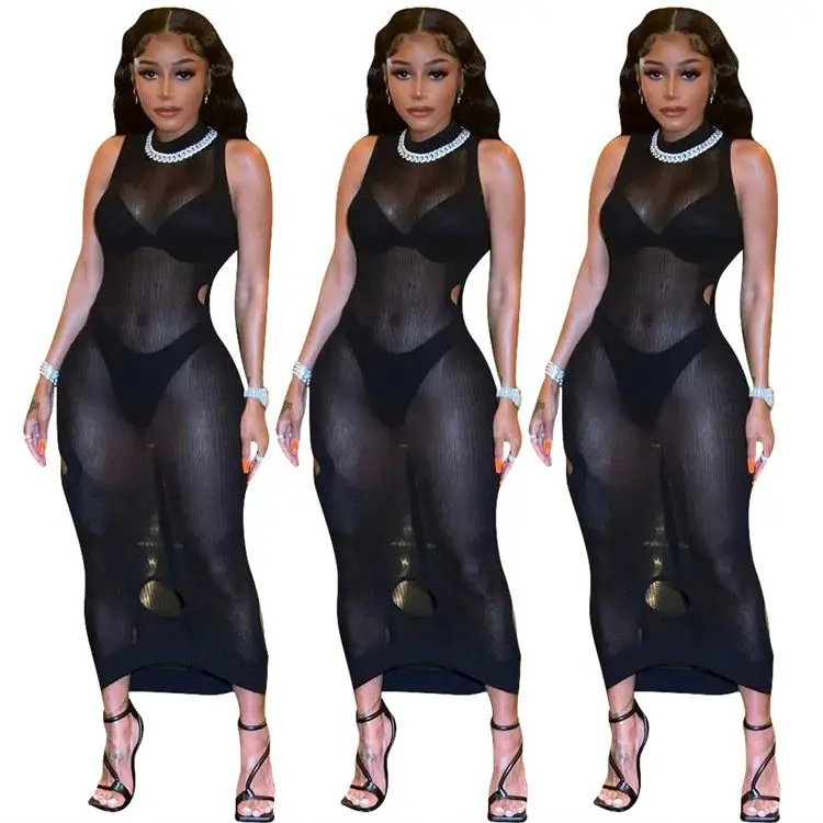 

New Arrival Summer Black Dress Fashion Sexy Hollow Out Mesh Sleeveless Nigh Club Wear Transparent Dress