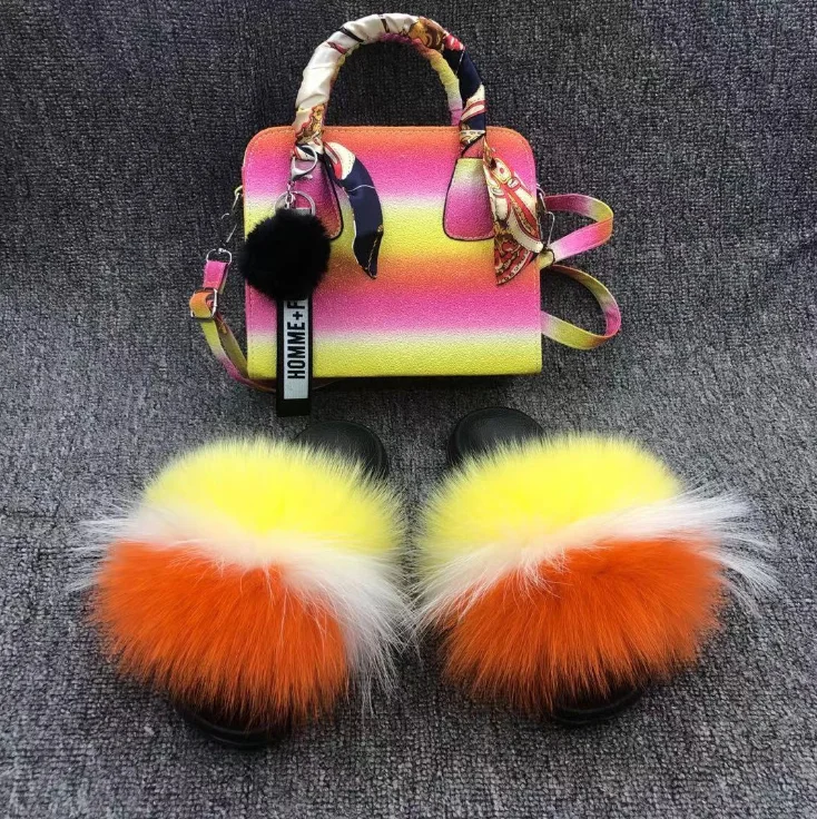 

Brand New Fur Slides And Handbag Purse Women Furry Slippers Set Fashion Slides And Handbag With Matching Purse, 29 color for options or customlized