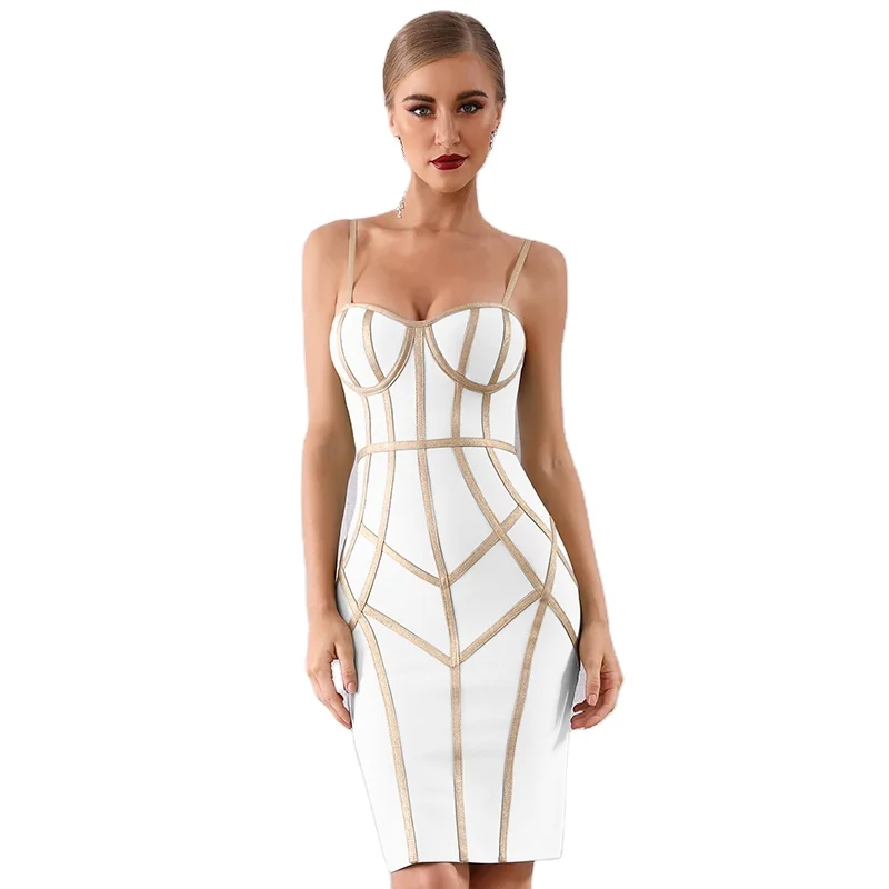 

Sexy Strap Bandage Gold Trim White Dresses Women Clothing Lady Elegant Bodycon Dress, Picture color