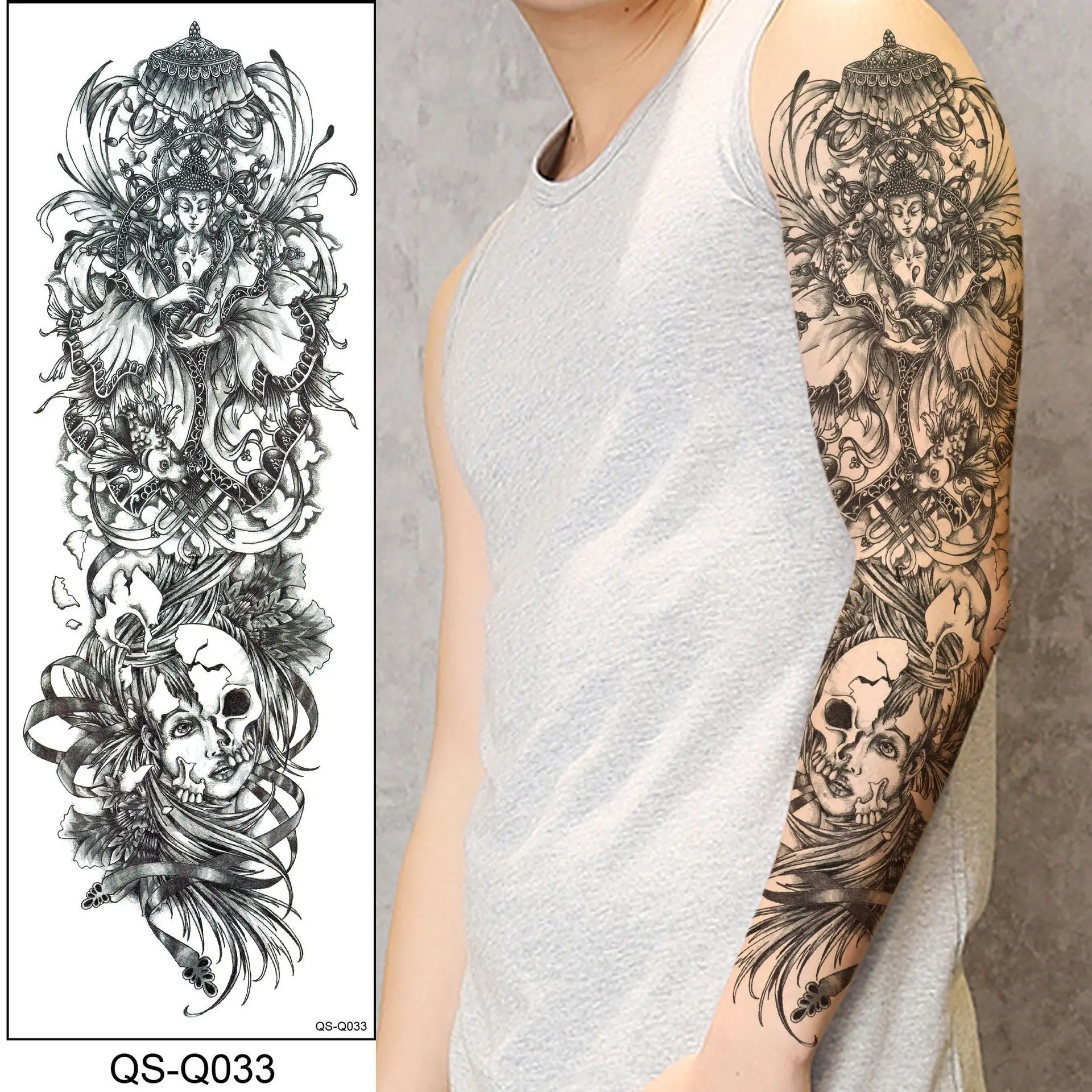 

VRIUA Dark Long Full Arm Temporary Tattoos Realistic Black Gangster Skull Rose Tattoos Sleeve Flower Stickers For Women Men, Colorful