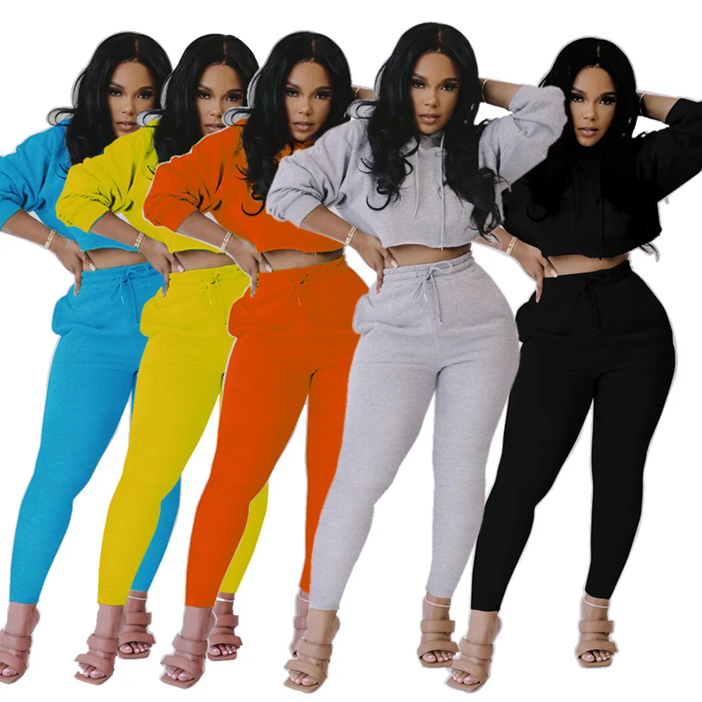 

Ready to Ship Wholesale Fall Winter Sets Solid Color 2 Piece Set Women Clothing Casual Wear Women Custom Hoodies Top Sweat Pants