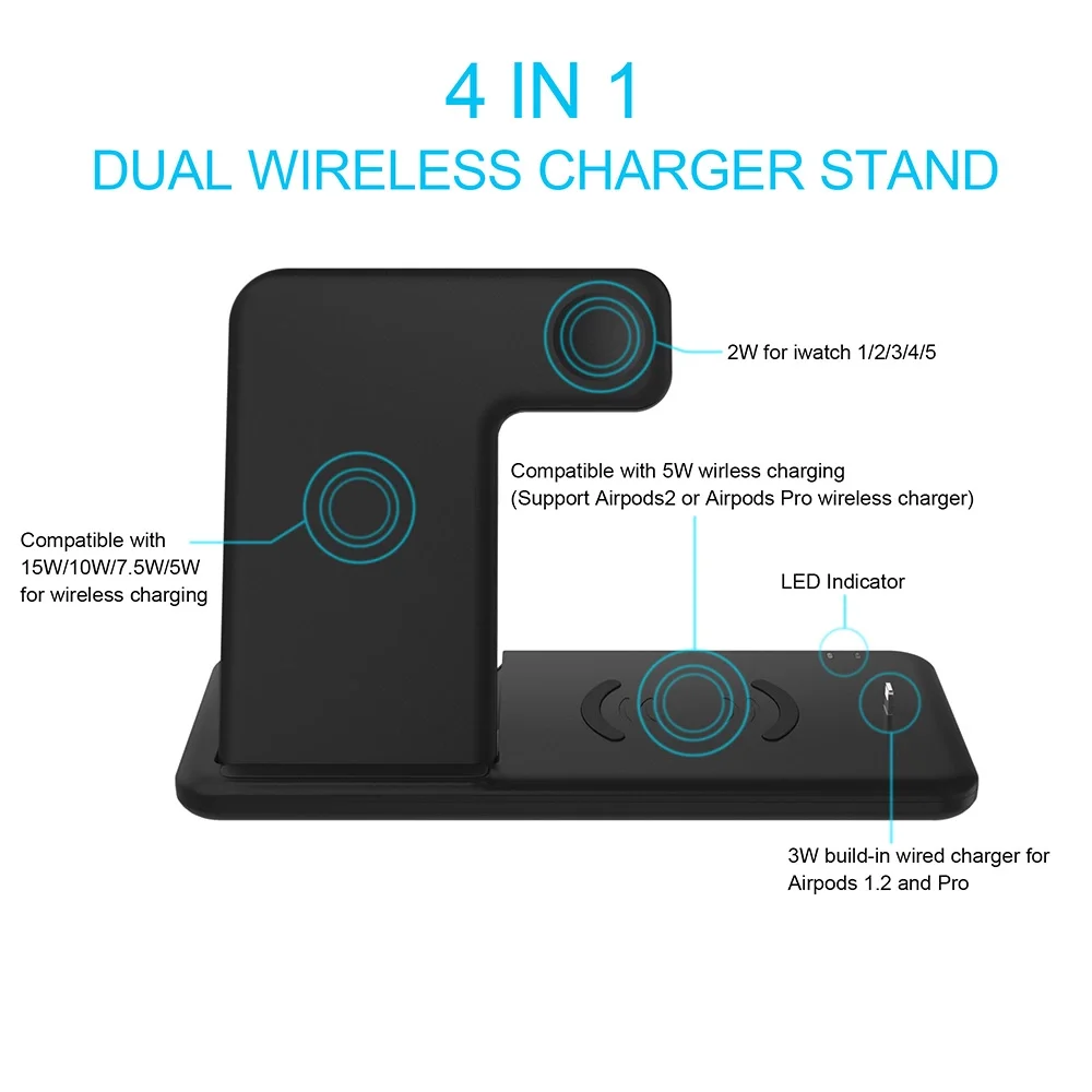 4in1 Wireless Charger Foldable 15W Fast Qi Charging Stand Dock Station for Phones/Earbuds/iWatch(Q12)