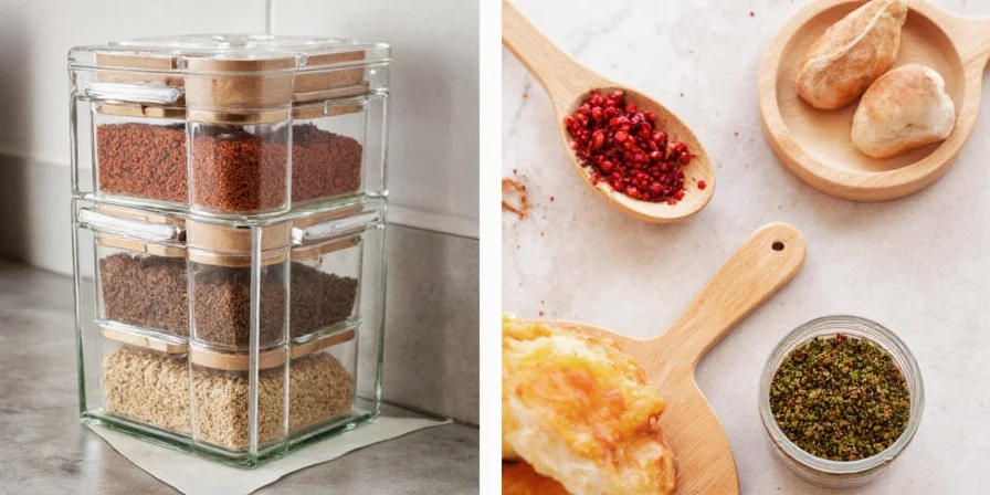 A collection of labeled airtight glass jars with spices