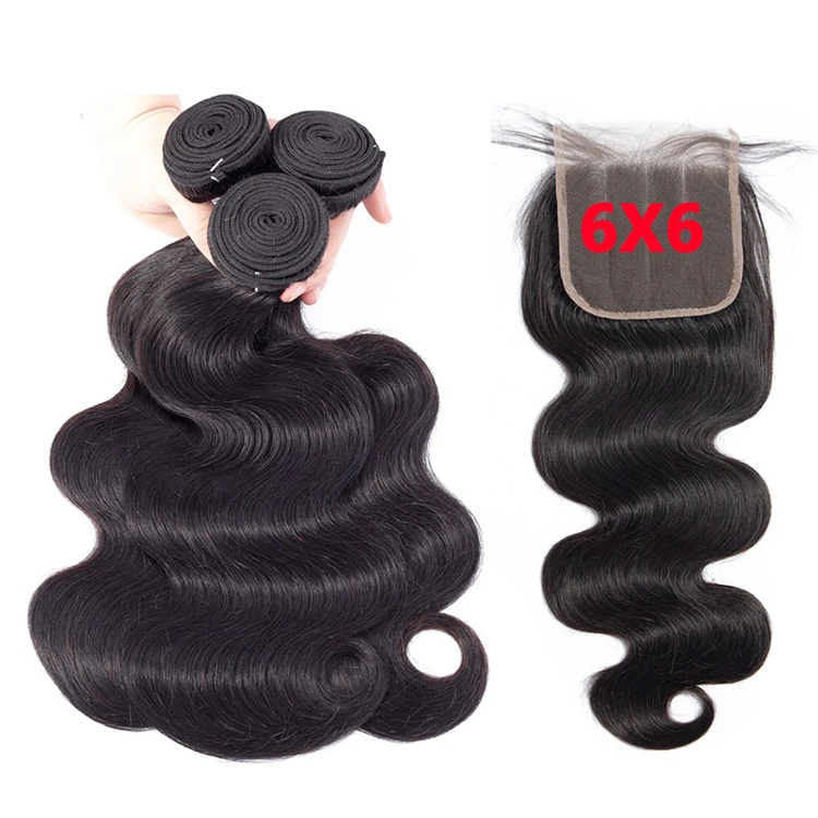 

Lace Closure 6x6 Natural Body Wave With Bundles Human Hair, 3 Bundles Peruvian Body Wave Hair With Large Size 6*6 Hair Closure