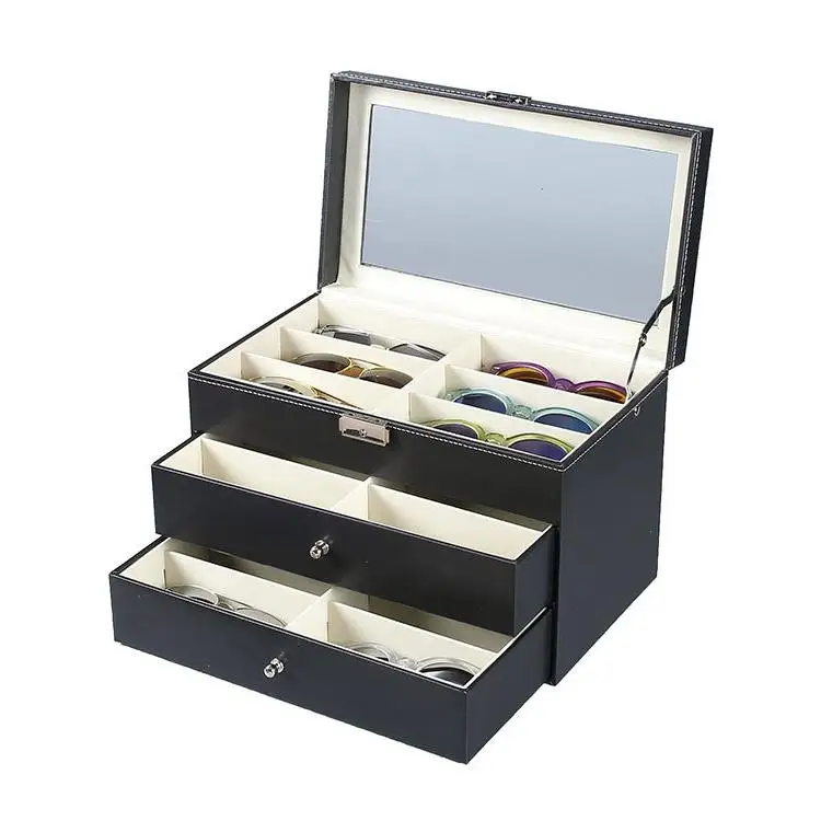

China factory fancy luxury pu leather glasses packaging box with 18 slots for mens gift sunglasses display storage case in stock, Black