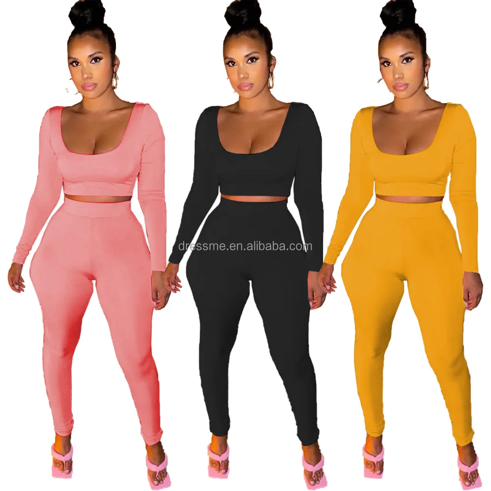 

MT373-8660 2021 new autumn and winter women's solid color long-sleeve casual sports suit two piece pants set women clothing