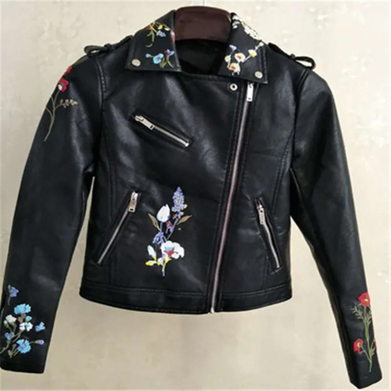 

Women's jacket fashion long sleeve embroidered leather jacket women PU leather jacket, Customized color