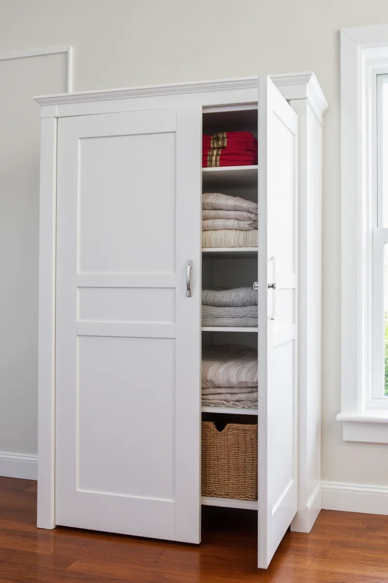 Modern bedroom with organized bedding cabinet