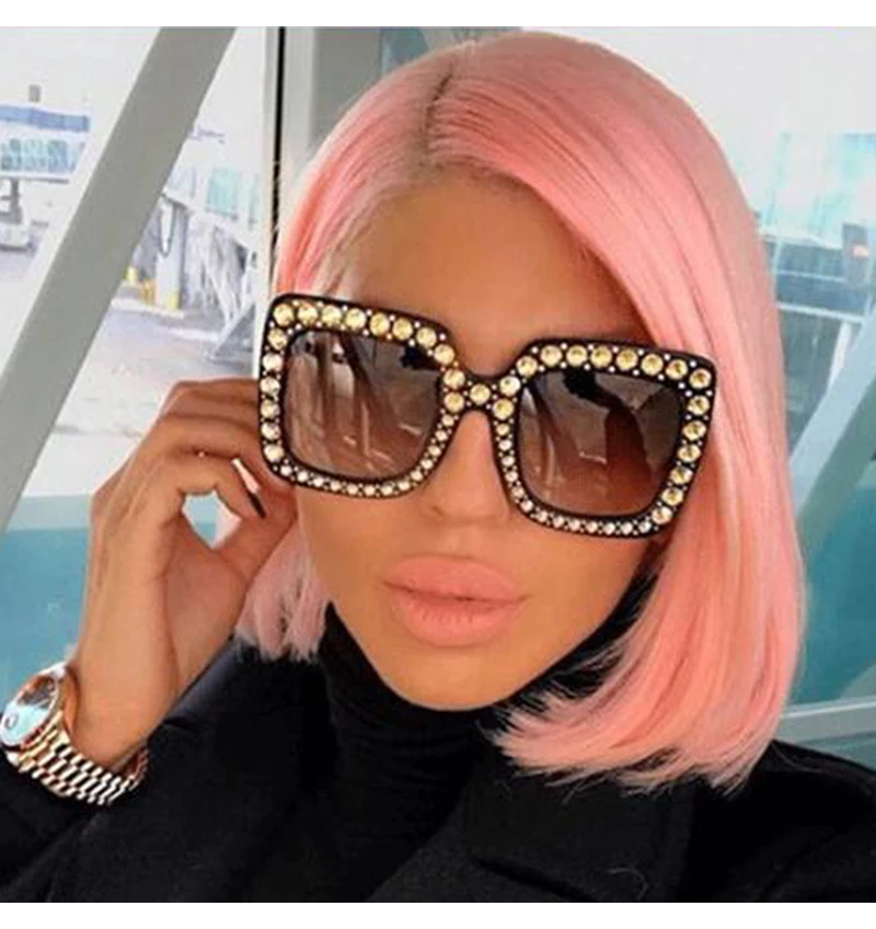 

2019 Fashion Retro Big Frame Oversized Luxury Diamond Square Sunglasses Women