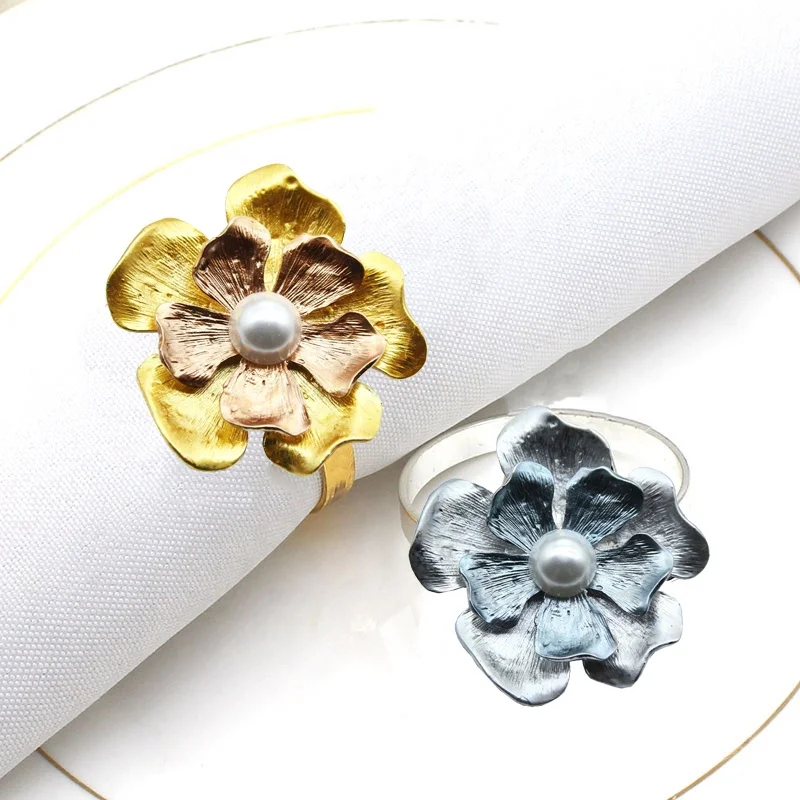 

Flower Pearl Napkin Rings Metal Matte Gold /Silver Color Napkin Rings for Wedding Party Holder Dining Table and Daily Use HWF49