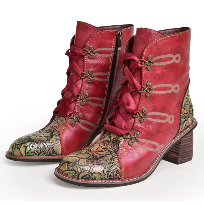 

Women Bohemian Ankle Boot Genuine Leather Handmade High Heels Lady Winter Shoes