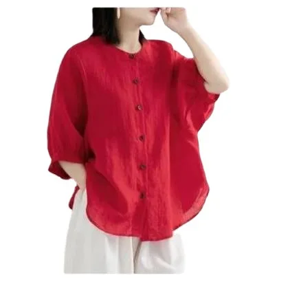 Wholesale 2026 Summer Loose Temperament Linen Shirt Solid Color Casual Slim Lantern Sleeve Shirt Cotton Linen Women's Shirt