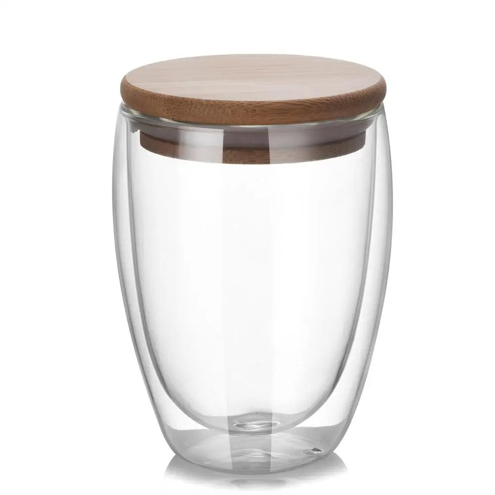 

Heat Resistant Handmade Double Wall Glass Cup with Bamboo Lid, Transparent