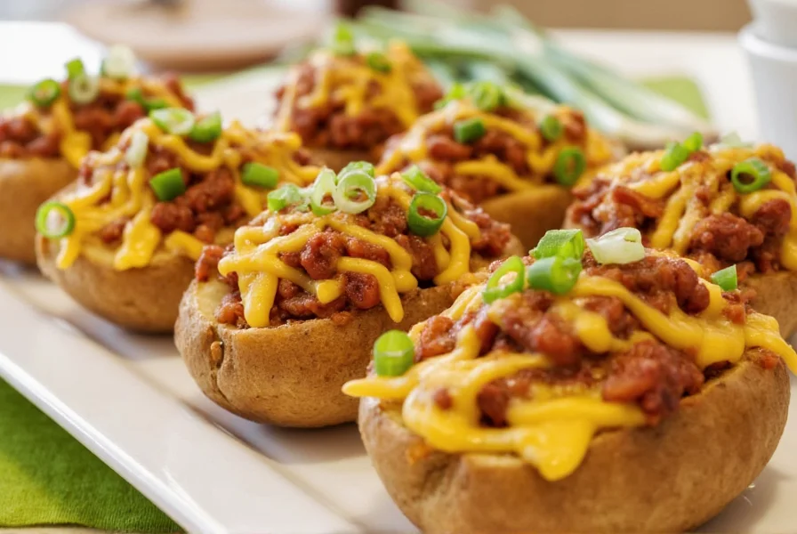 Baked potatoes topped with chili, melted cheese, and green onions