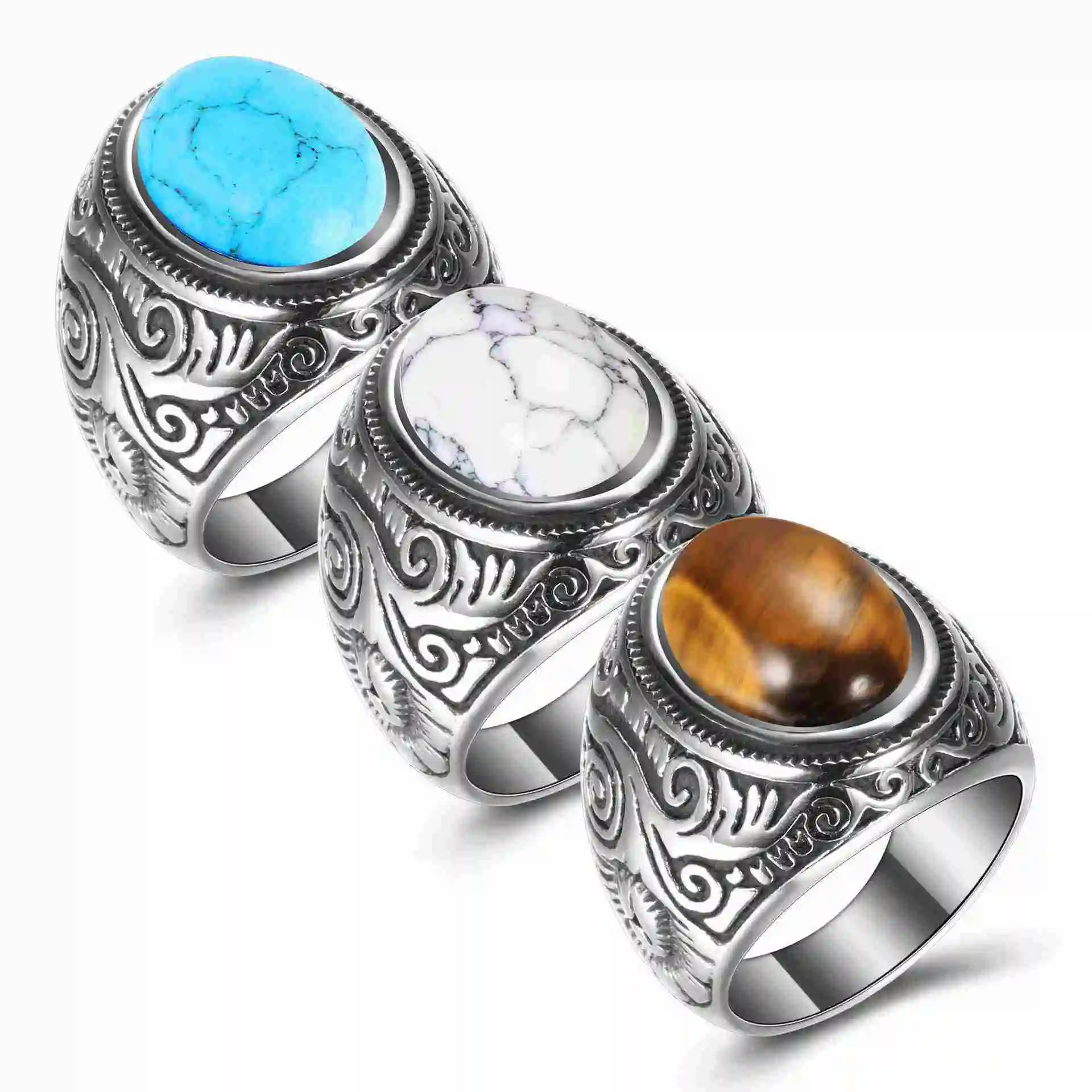 

DAIHE Vintage Men'S Metal Ring Blue Turquoise Stainless Steel Ring 6 Colors Available Fashion Jewelry Rings