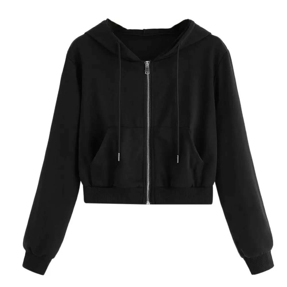 

Women Casual Solid Streetwear Long Sleeve with Zipper Pocket Hooded Sweatshirt Crop Top Zip Up Hoodie, Customized color