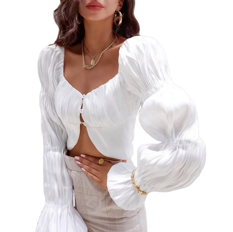 

Solid Color Long Puff Sleeve Crop Top Casual t shirt Women Shirts for girls women's summer Pleated Single-breasted Blouses