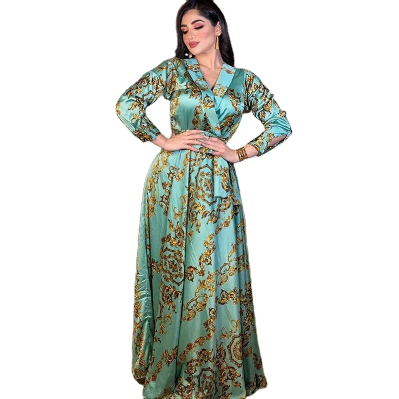 

High Quality Ethnic Clothing Fashion Silk Printed Dress Middle East Islamic Clothing Galabia Woman Muslim Dress