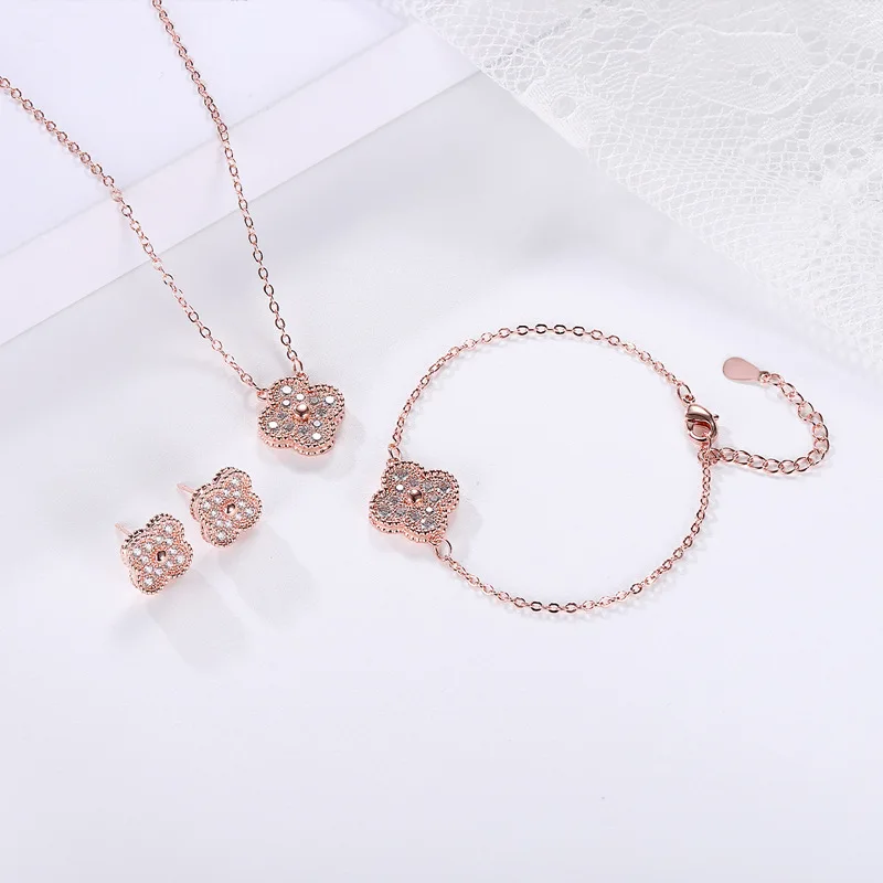 

Korean fashion clover bracelet necklace stud earrings lucky jewelry set