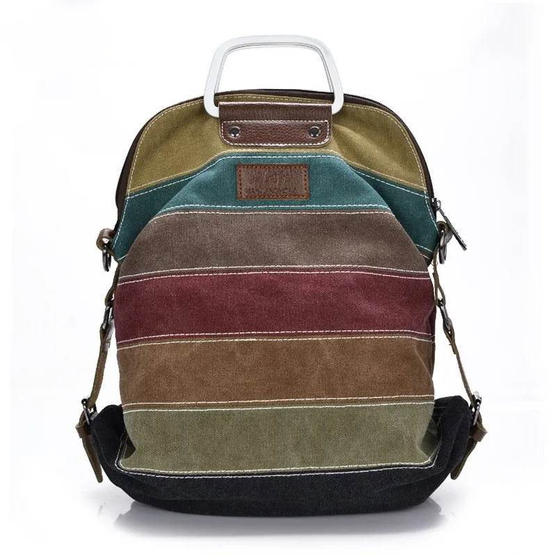

New multi-function women's handbag canvas stripes backpack large capacity bagpack