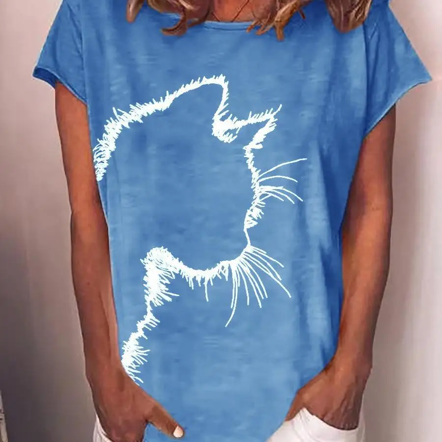 

Ladies Head Print Casual Loose Round Neck Short Sleeve T-shirt, Picture color