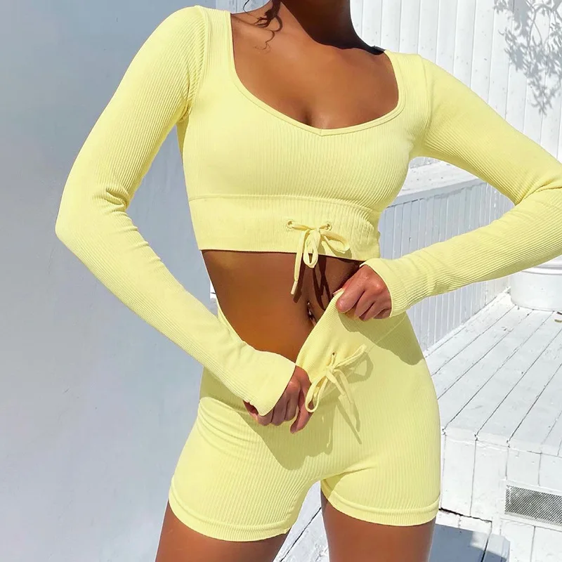 

Summer 2 Piece Women Set Clothing Short Ribbed Yoga Set Workout Activewear Gym Fitness Sets