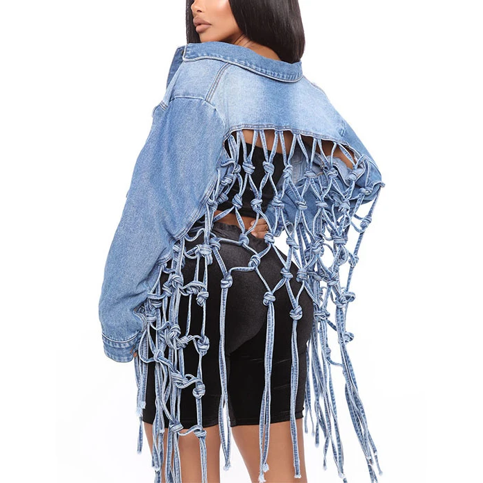 

Trendy hot sale hollow out back tassel sexy cropped women denim blue jeans jacket