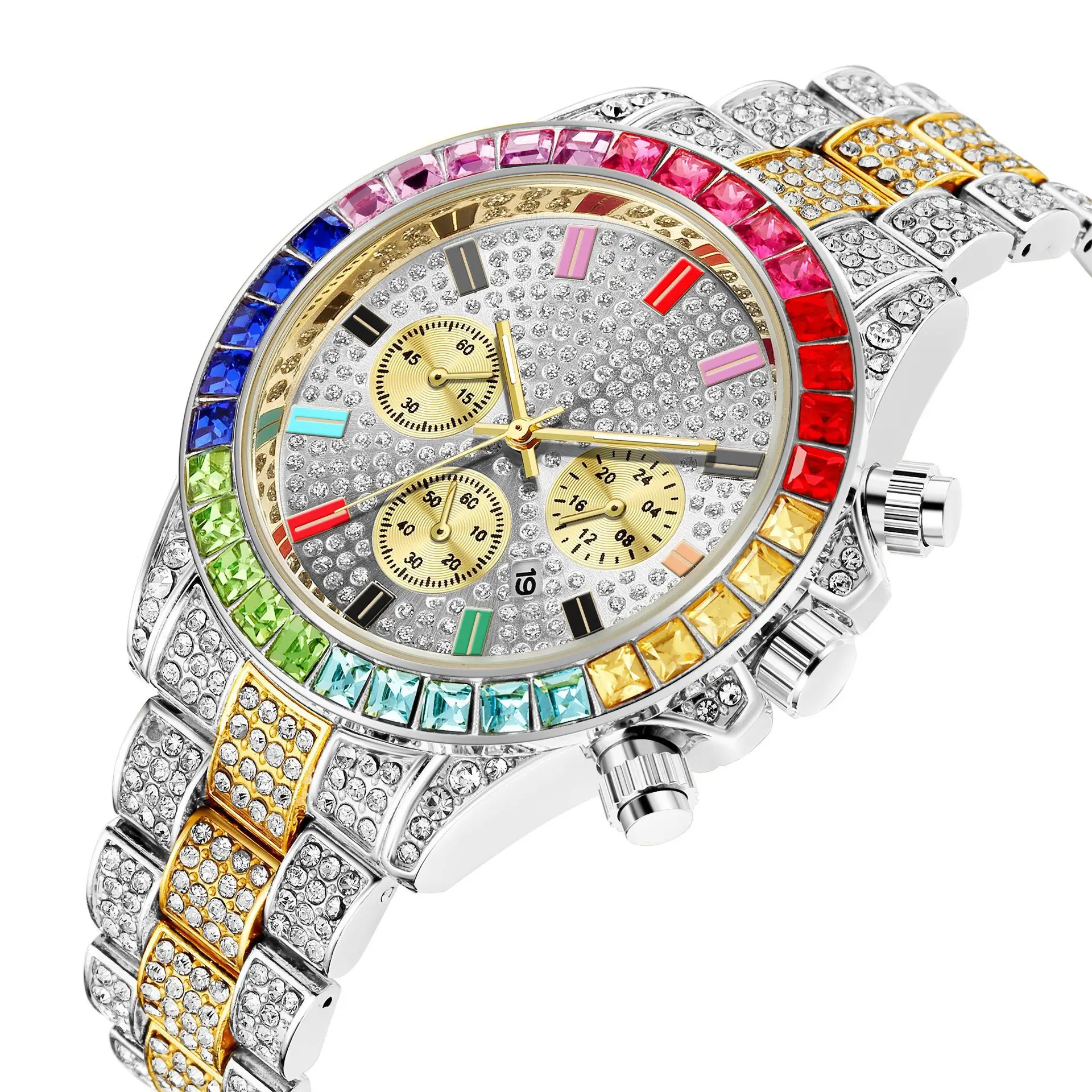 

Men Luxury Brand Gold Quartz Clock Chronograph colorful Diamond Steel Iced Out Watch