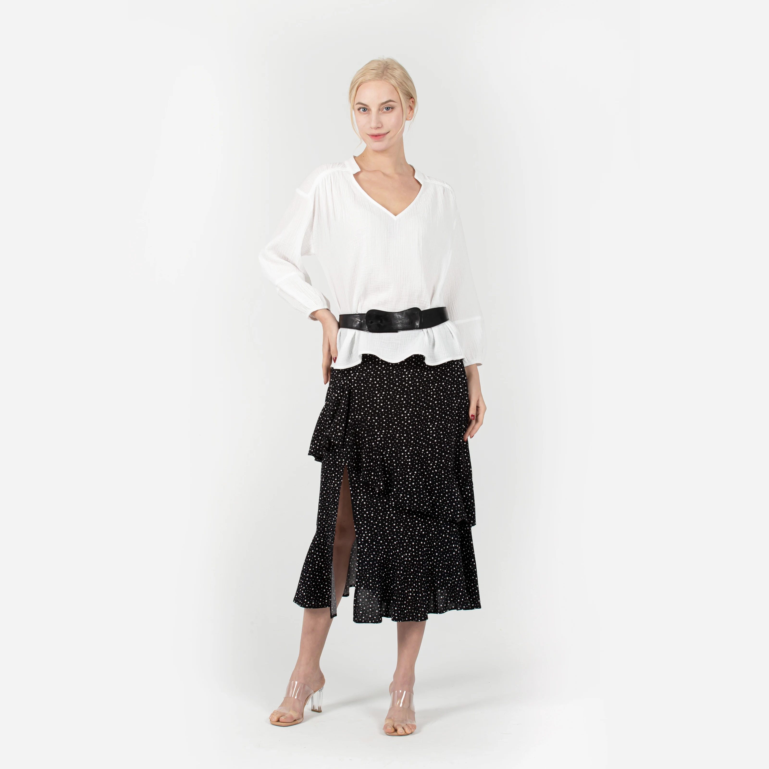 

Woman Fashion V Neck Long Lantern Sleeve Cotton Elegant Ladies Tops White Blouses