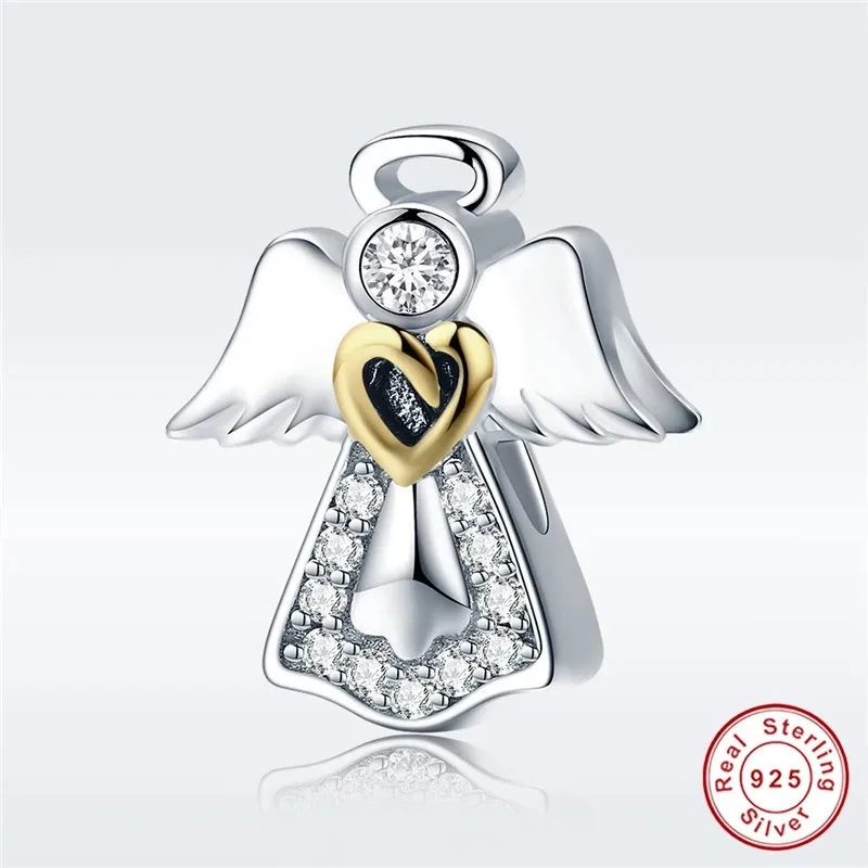 fit Europe Bracelet Original 925 Sterling Silver CZ Wing Angel Beads S925 White Zircon Heart Guardian Charms for Jewelry Making