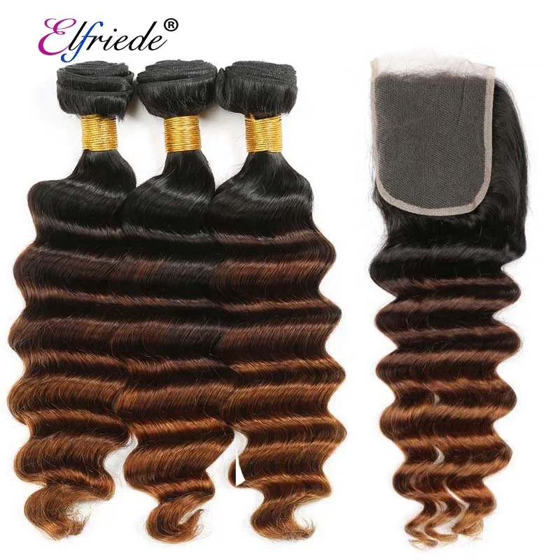 

#T 1B/4/30 Loose Deep Wave Ombre Hair Bundles with Lace Closure 4"x4" Brazilian Remy Human Hair Wefts with Closure JCXT-260