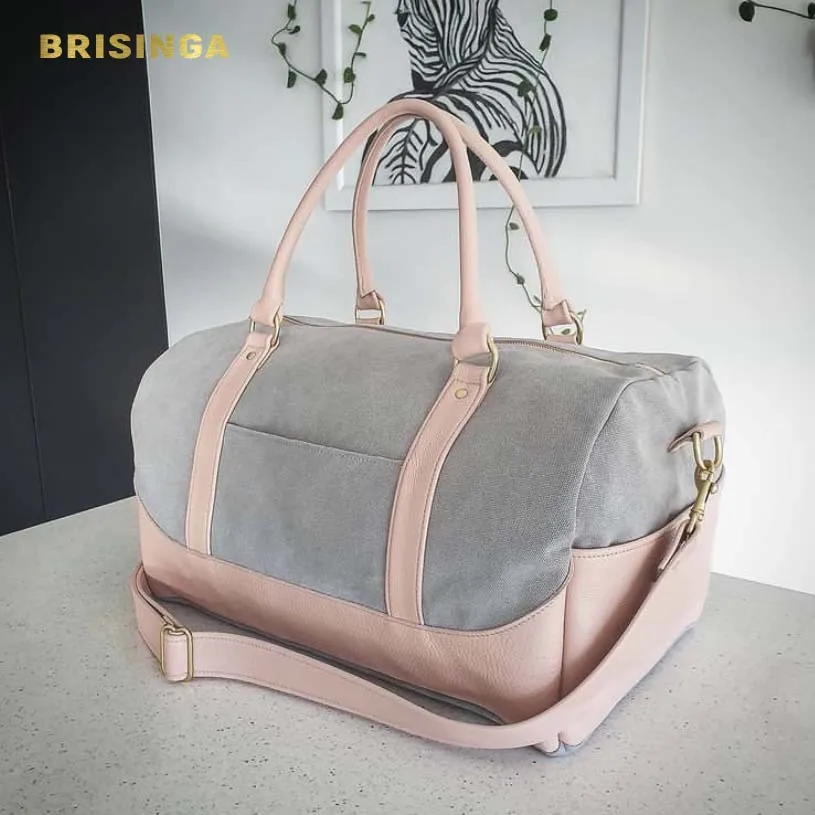 

big custom logo waterproof women ladies pink canvas leather bag set high end quality luggage travel weekend duffel sport gym bag