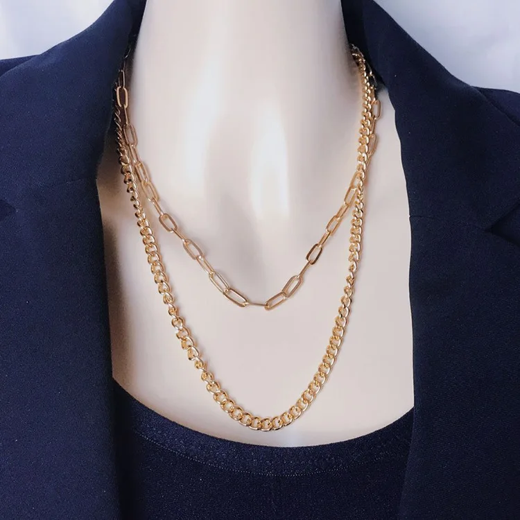 

New Fashion Hip Hop Multiple Layered Necklace Gold Plated Double Layer Cuban Link Chain Chunky Necklace For Women