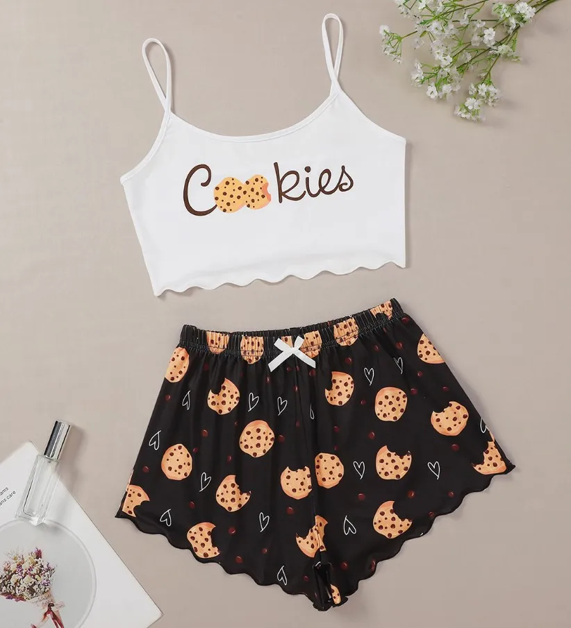 

New Style Ladies Summer Cartoon Cookies Print Camisole With Silk Shorts Pajama Set Home Wear Sleepwear Underwear, As pic