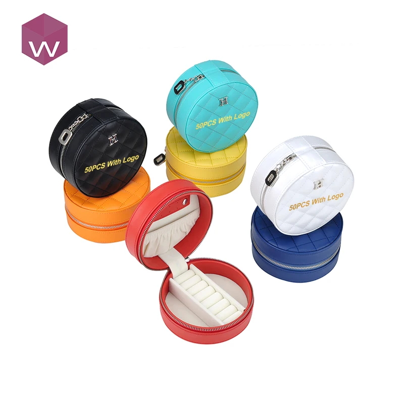 

Customizable faux leather unique round box rings earrings travel jewelry organizer, White/orange/red/yellow/sky blue/dark blue/black
