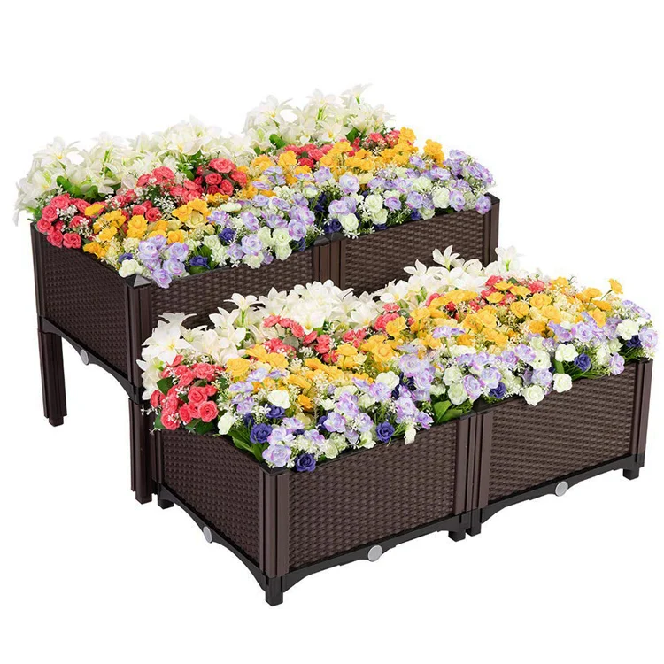 

wholesale elevated rectangular plastic outdoor planter box self watering flower vegetable raised garden bed for sale, Brown/white